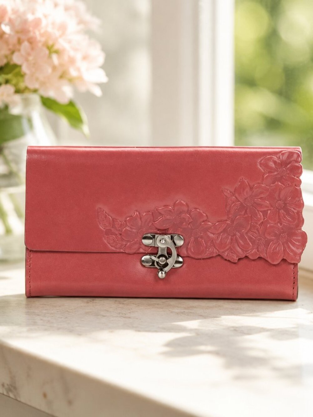 Patricia Nash Terresa Leather Wallet Hand Cut Tooled Pink